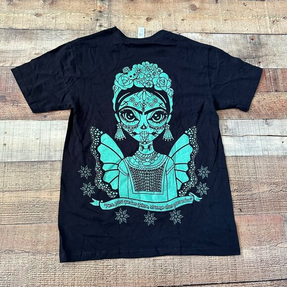 Frida Kahlo Skull Front Back Double Sided Print Short Sleeve Graphic Tee T-shirt - Picture 5 of 5